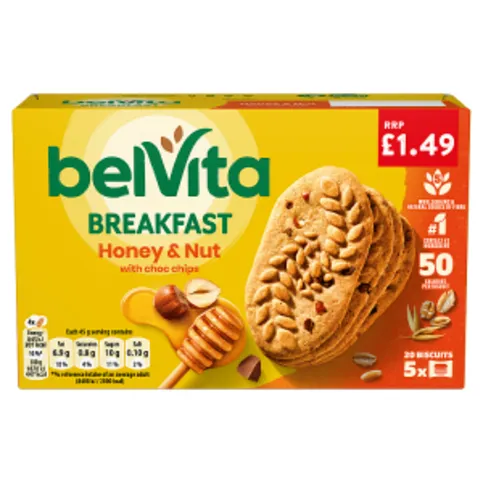Belvita 20 Breakfast Honey & Nut with Choc Chips Biscuits 225g