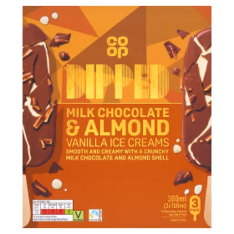 Co-op Dipped Milk Chocolate & Almond Vanilla Ice Creams 3 x 100ml (300ml)