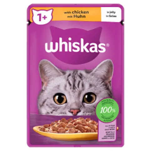 Whiskas 1+ Adult Wet Cat Food Pouches in Jelly with Chicken 85g